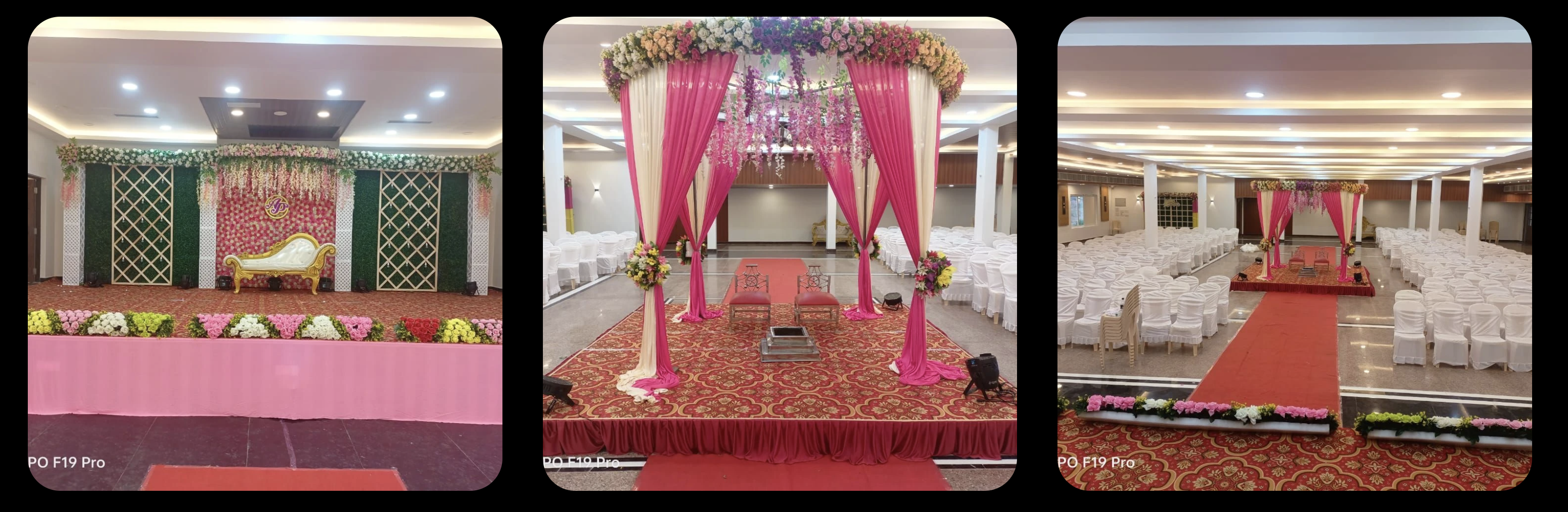 The banquet hall dressed for a wedding, with mandap and seating