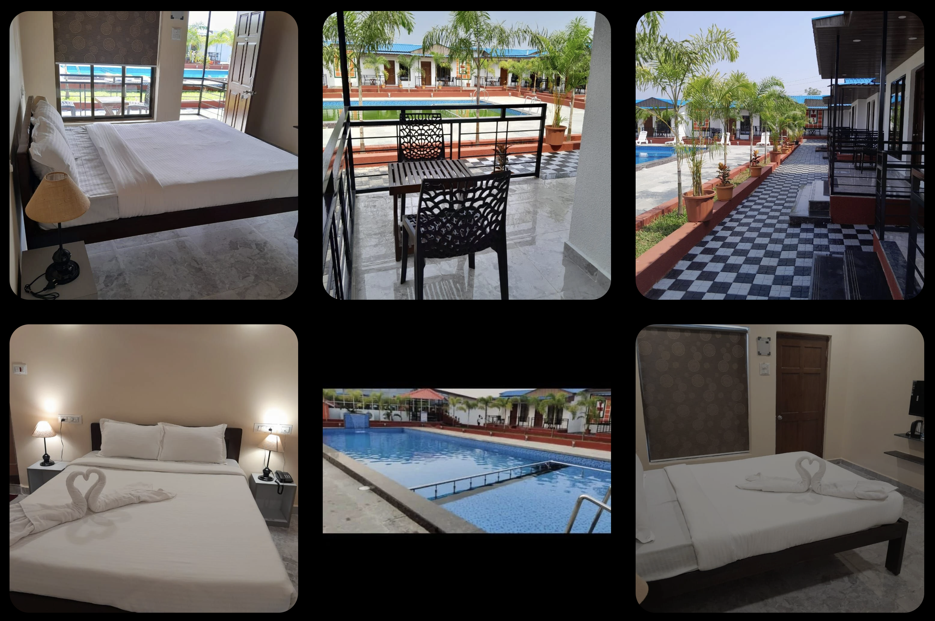Guest rooms, balconies and the poolside walkway
